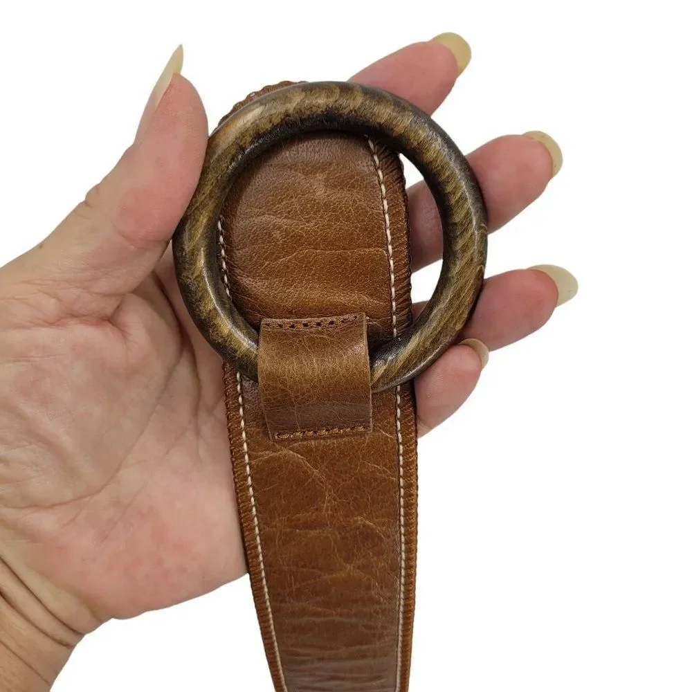 Vtg 80s Olsen Europe Leather Belt Sz M Brown Country Boho Fold Over O-ring‎ Tab
